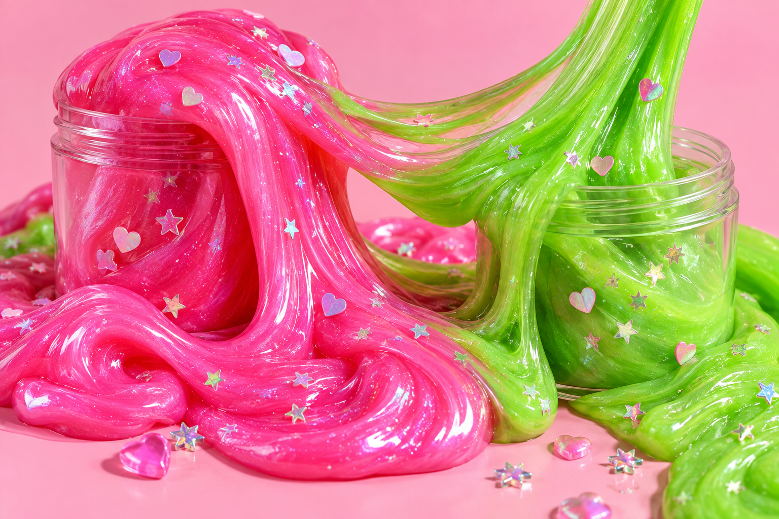 Glossy hot pink and lime green slime stretching between two jars with heart and sparkle mix-ins